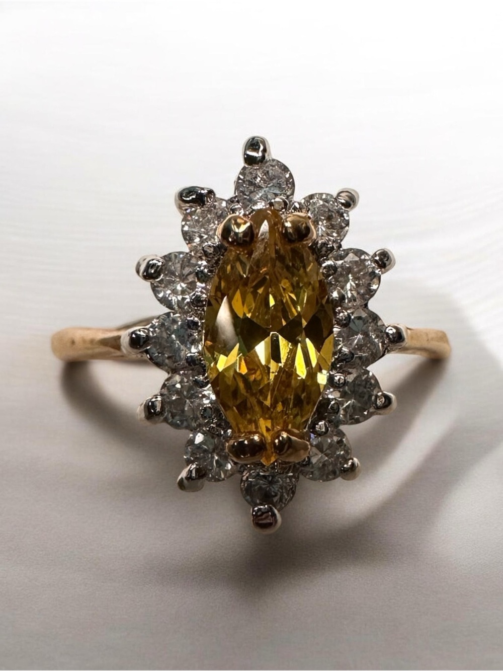 Yellow Marquise Halo Ring with White Cubic Zirconias